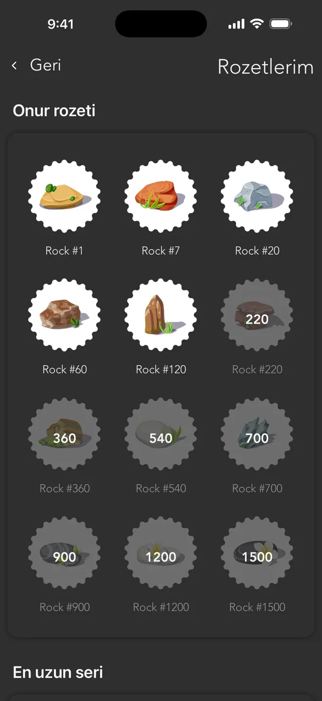 Rock uygulamasında antrenman yaptıkça kazandığın rozetleri gösteren Rozetlerim ekranı