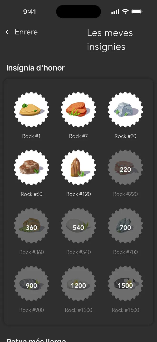 Pantalla Les meves insígnies de l'app Rock amb les insígnies rock que guanyes mentre entrenes