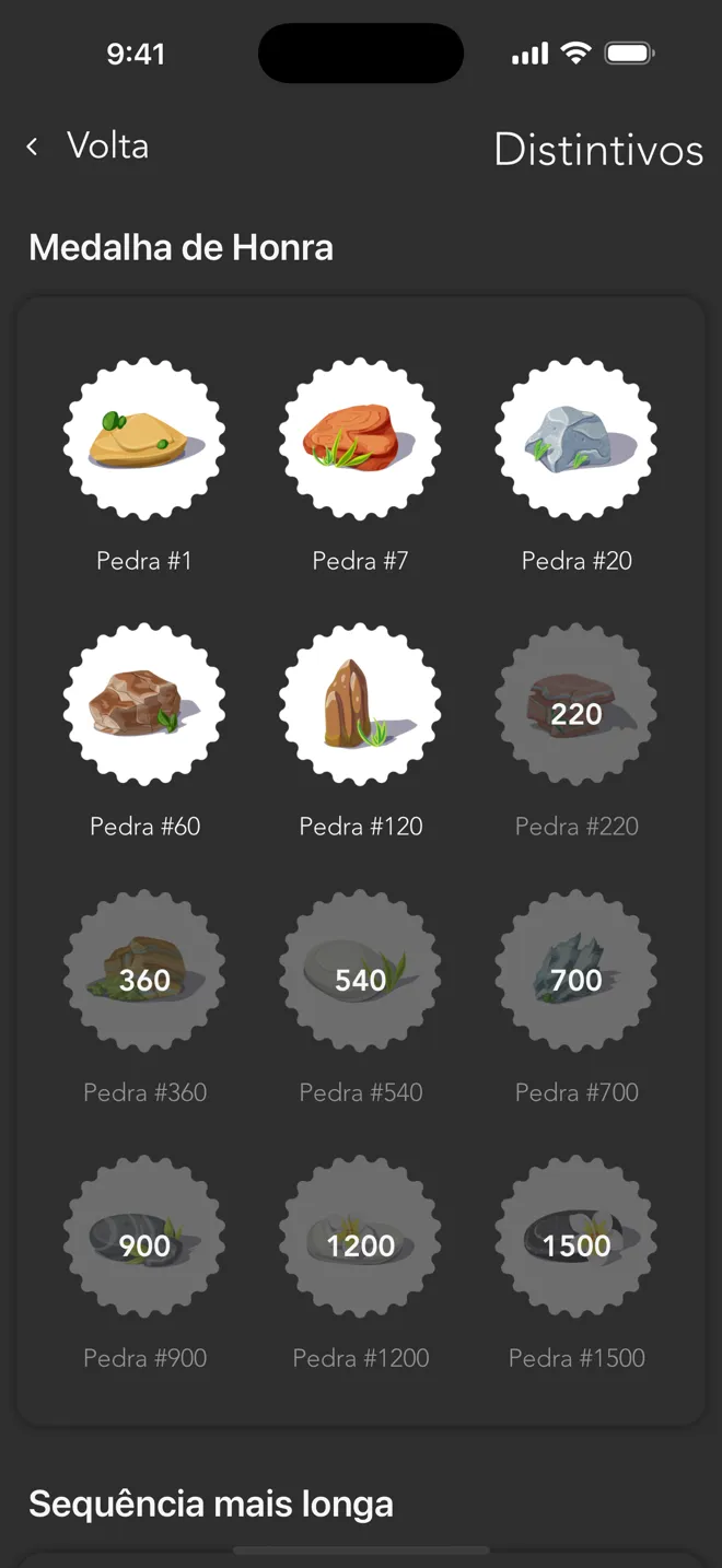 Tela Distintivos do app Rock com os distintivos de pedra que você ganha ao treinar