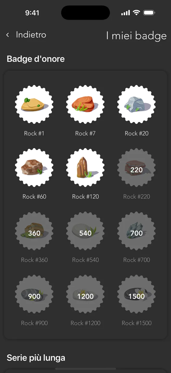 Schermata I miei badge dell'app Rock con i badge che ottieni mentre ti alleni