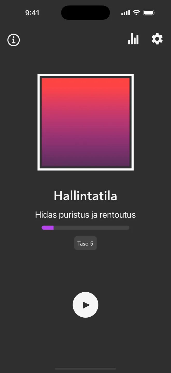 Hallintatila Rock-sovelluksen päänäkymässä, jossa näkyvät merkintä Hidas puristus ja rentoutus sekä toistopainike