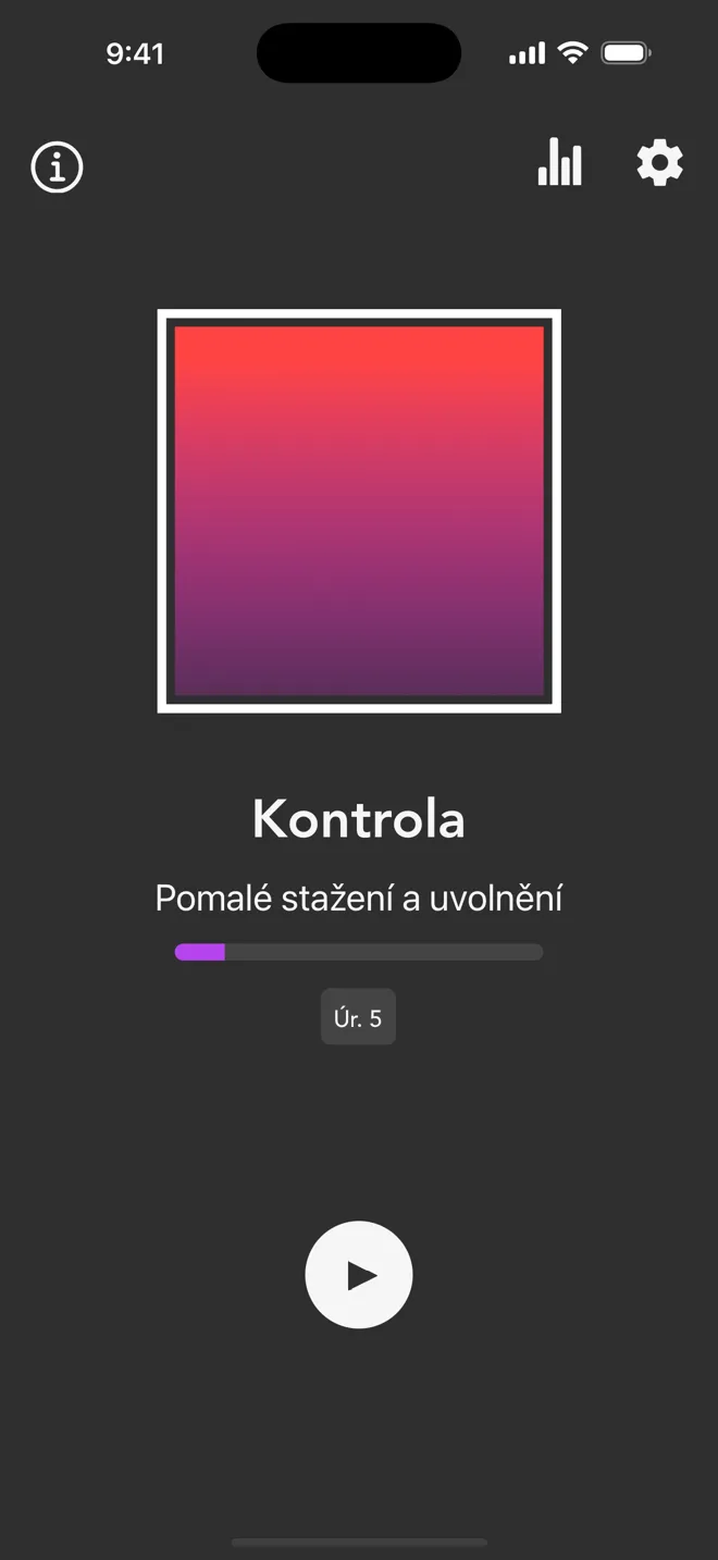 Režim Kontrola na hlavní obrazovce aplikace Rock se štítkem Pomalé stažení a uvolnění a tlačítkem přehrát