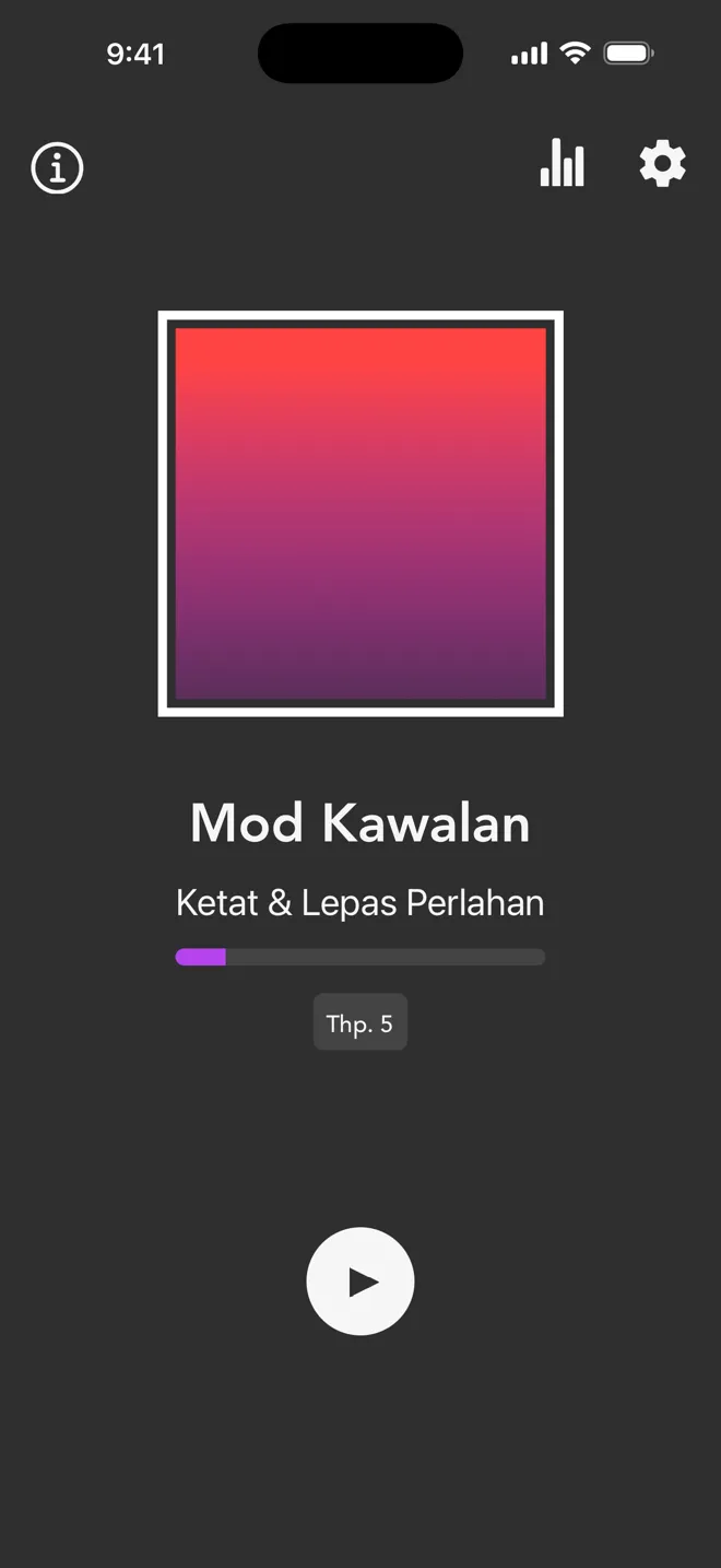 Mod Kawalan pada skrin utama aplikasi Rock, dengan label Ketat & Lepas Perlahan dan butang main