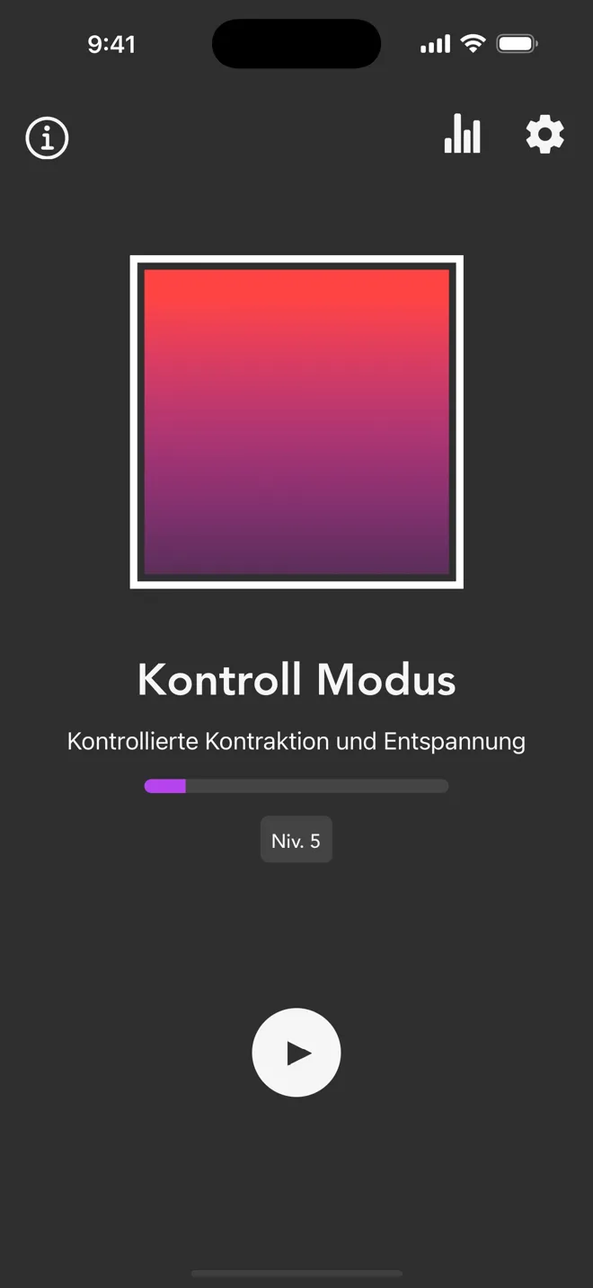 Kontroll Modus auf dem Hauptbildschirm der Rock-App mit dem Hinweis Kontrollierte Kontraktion und Entspannung und der Play-Taste