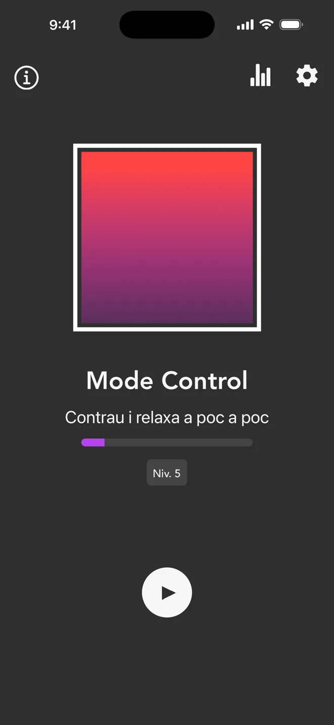 Mode Control a la pantalla principal de l'app Rock, amb l'etiqueta Contrau i relaxa a poc a poc i el botó de reproducció