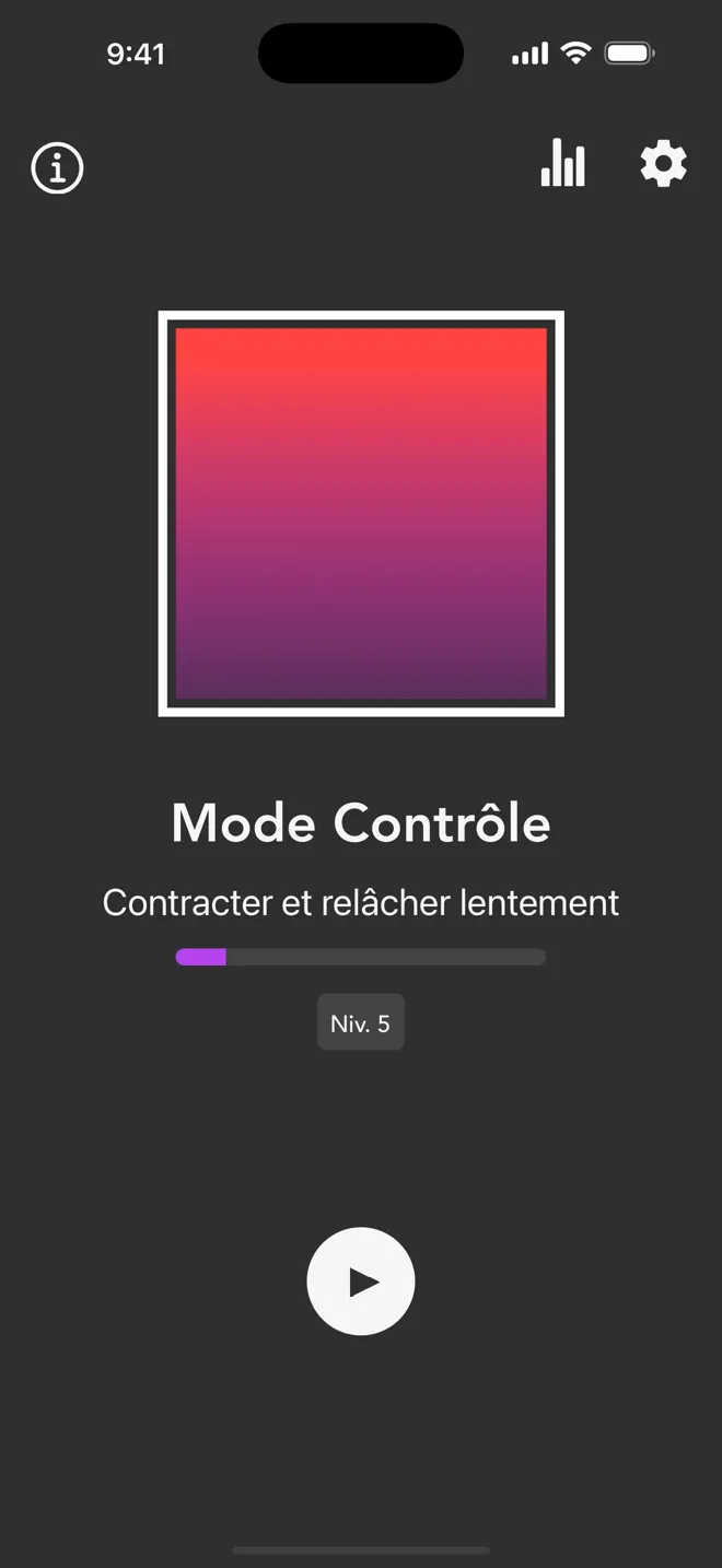 Mode Contrôle sur l'écran principal de l'app Rock, avec l'étiquette « Contracter et relâcher lentement » et le bouton lecture