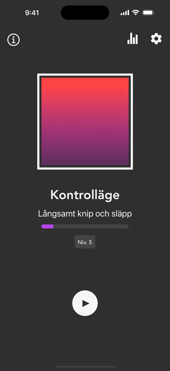 Kontrolläge på Rock-appens startskärm, med etiketten Långsamt knip och släpp och uppspelningsknappen