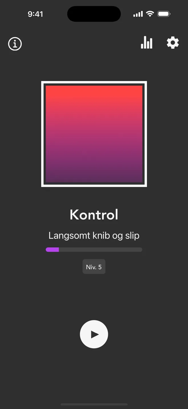 Tilstanden Kontrol på Rock-appens hovedskærm, med mærkaten Langsomt knib og slip og afspilningsknappen