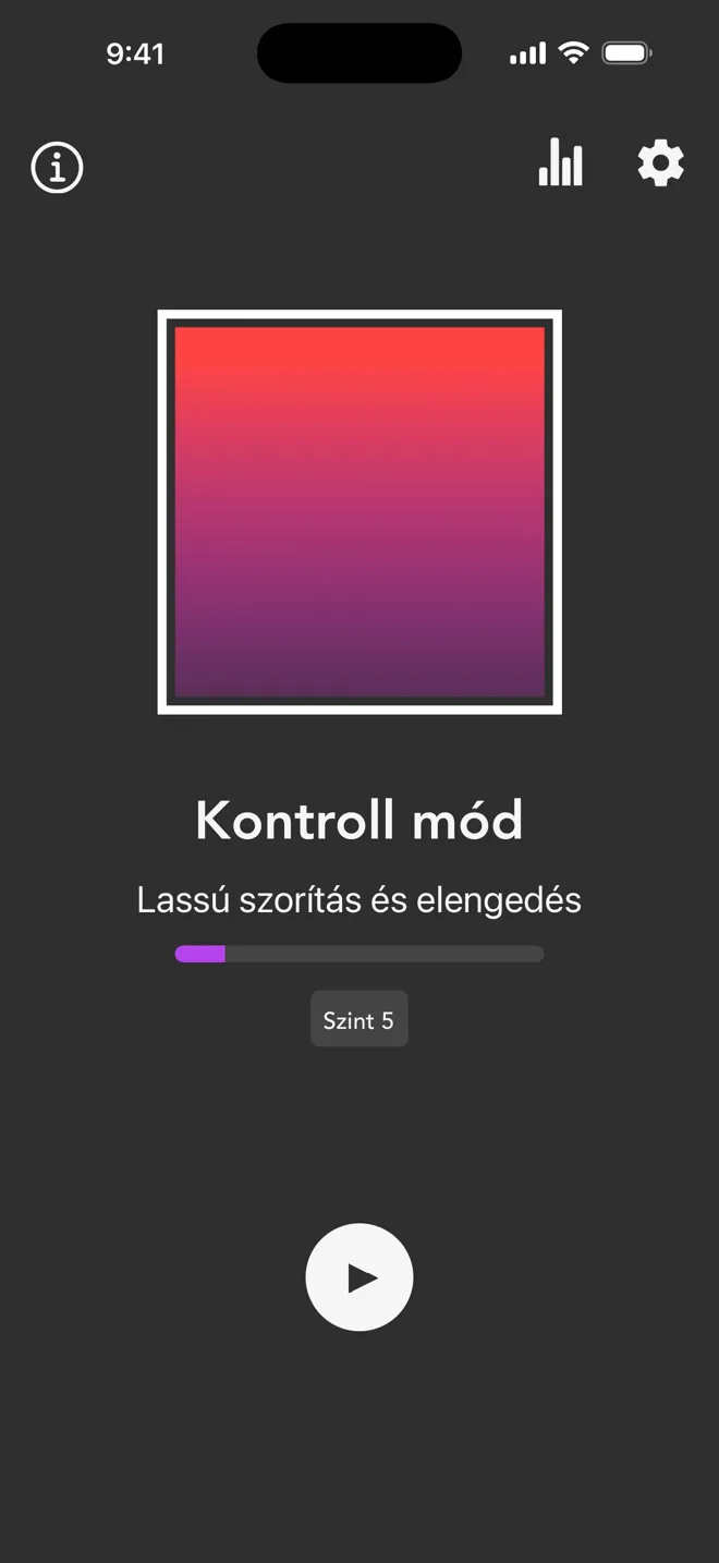 Kontroll mód a Rock app főképernyőjén, a Lassú szorítás és elengedés címkével és a lejátszás gombbal