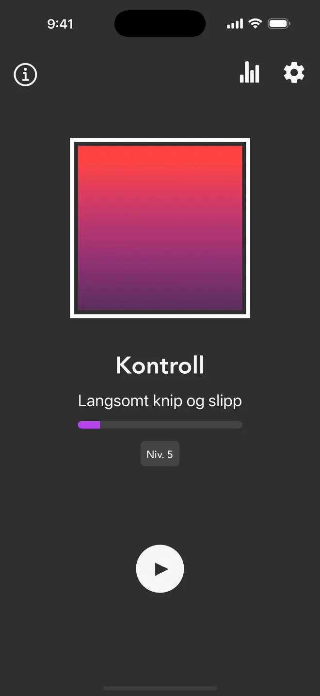 Modusen Kontroll på hovedskjermen i Rock-appen, med merkelappen Langsomt knip og slipp og avspillingsknappen