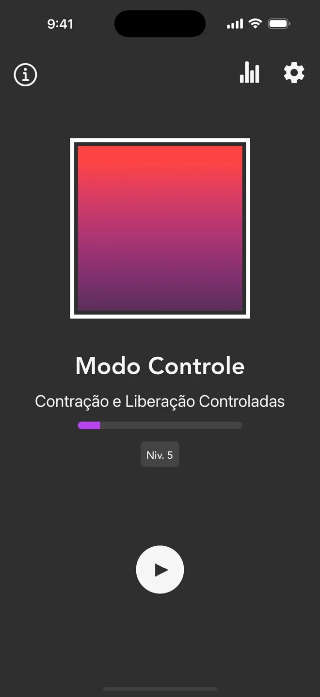 Modo Controle na tela principal do app Rock, com a etiqueta Contração e Liberação Controladas e o botão de reprodução