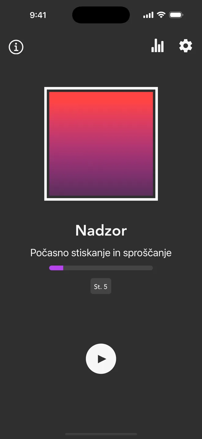 Način Nadzor na glavnem zaslonu aplikacije Rock, z oznako Počasno stiskanje in sproščanje ter gumbom za predvajanje