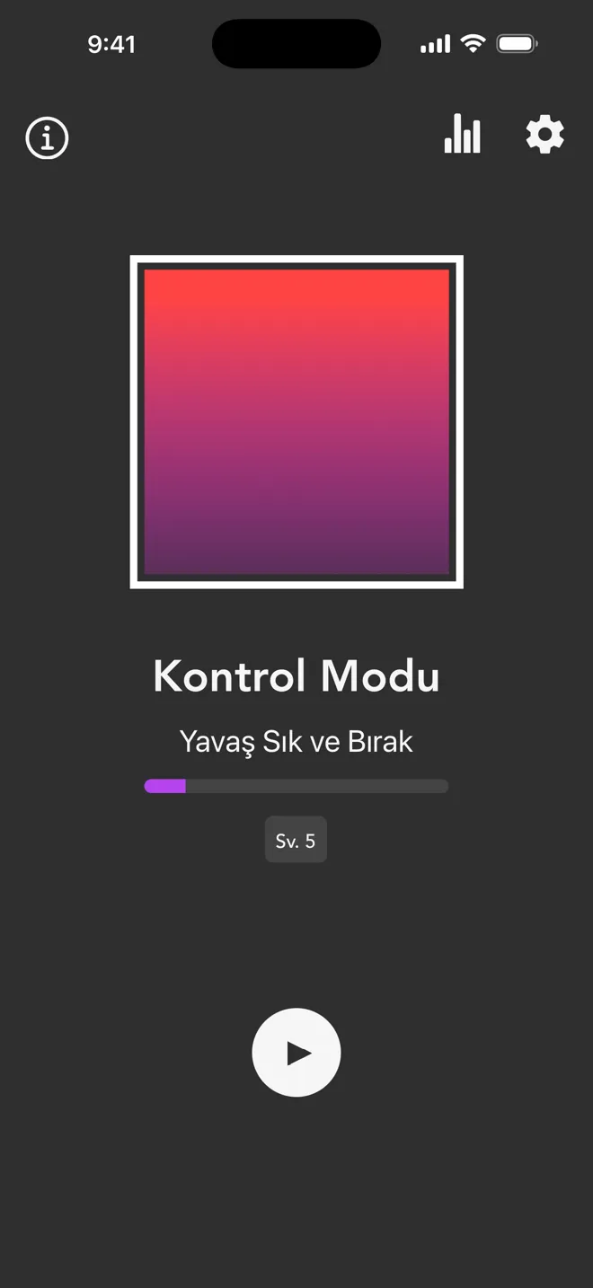Rock uygulamasının ana ekranında Kontrol Modu, Yavaş Sık ve Bırak etiketi ve oynat düğmesiyle