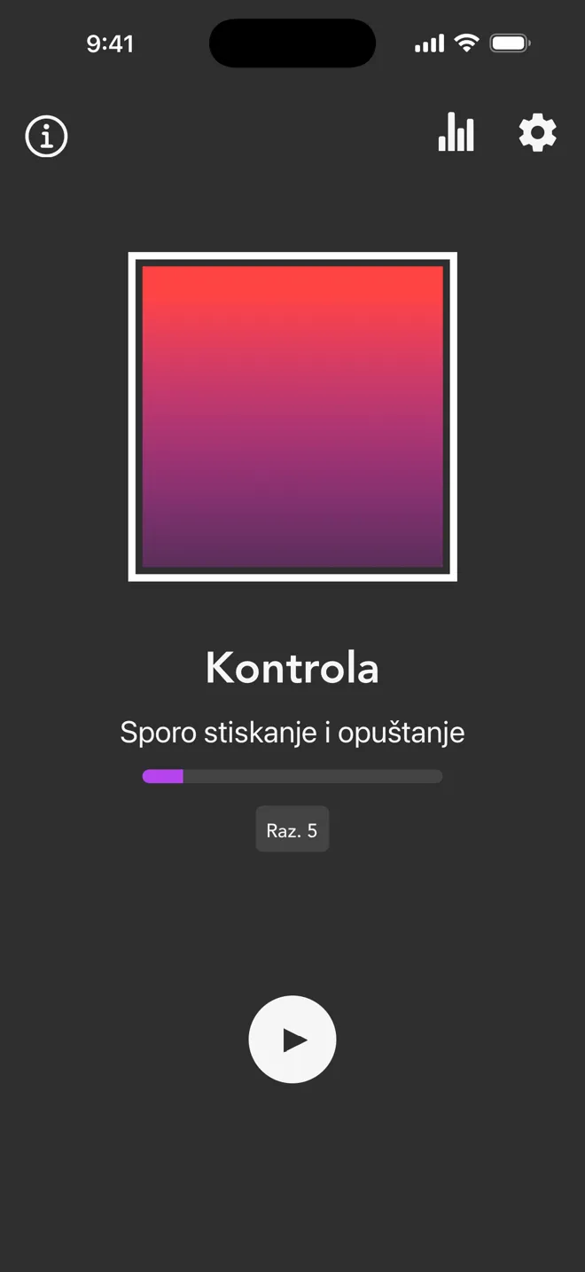 Način Kontrola na glavnom zaslonu aplikacije Rock, s oznakom Sporo stiskanje i opuštanje i gumbom za reprodukciju