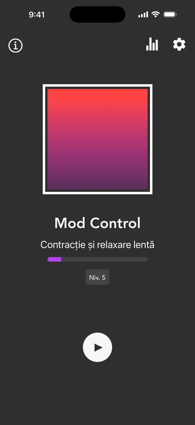 Modul Control pe ecranul principal al aplicației Rock, cu eticheta Contracție și relaxare lentă și butonul de redare