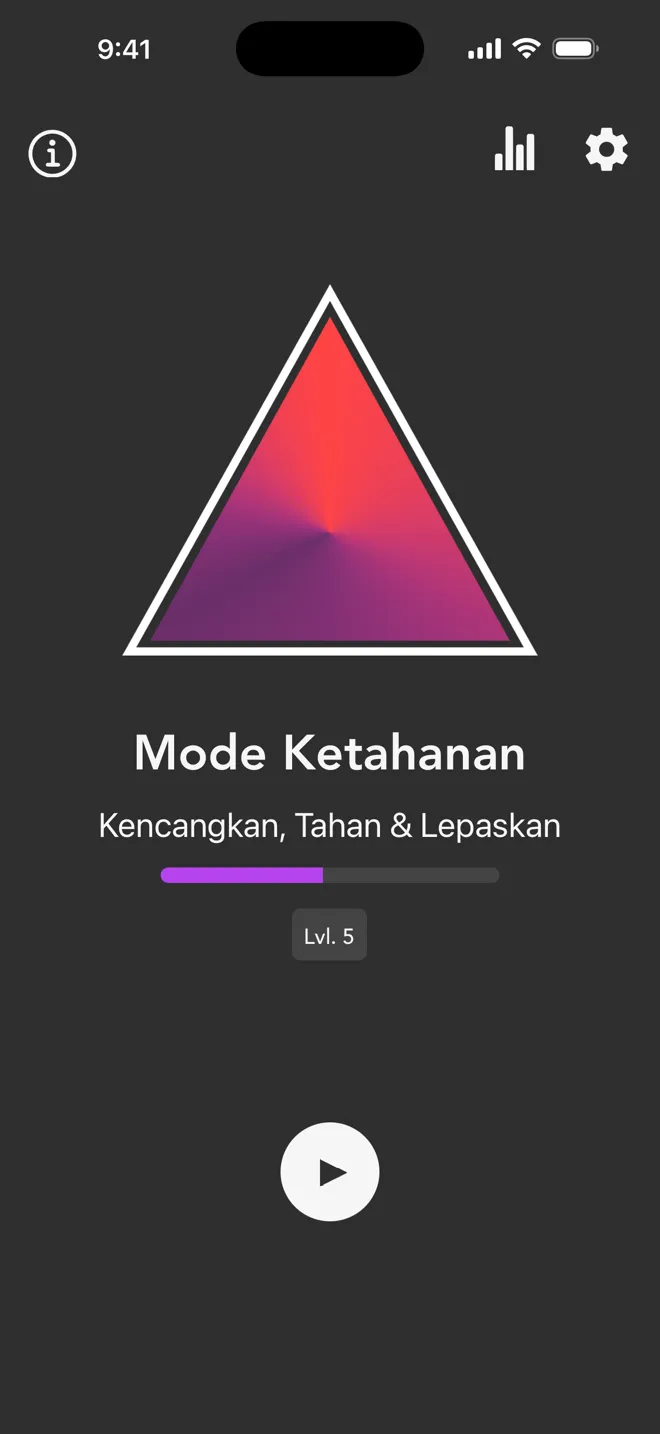 Mode Ketahanan di layar utama aplikasi Rock, dengan label Kencangkan, Tahan & Lepaskan dan tombol putar
