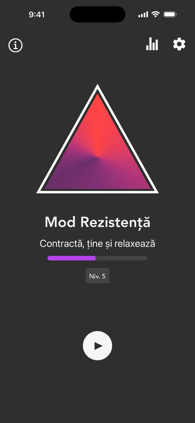 Modul Rezistență pe ecranul principal al aplicației Rock, cu eticheta Contractă, ține și relaxează și butonul de redare