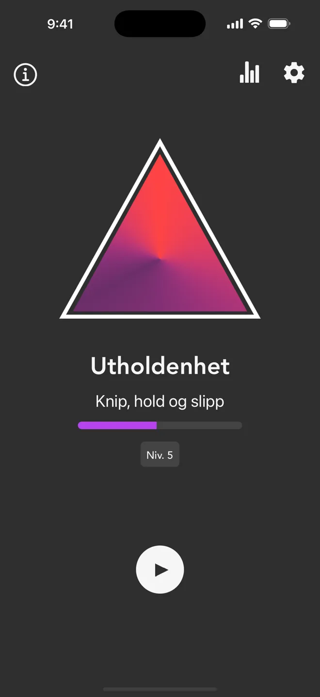 Modusen Utholdenhet på hovedskjermen i Rock-appen, med merkelappen Knip, hold og slipp og avspillingsknappen