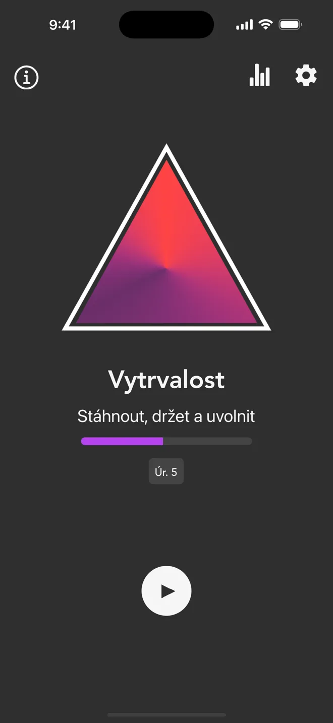 Režim Vytrvalost na hlavní obrazovce aplikace Rock se štítkem Stáhnout, držet a uvolnit a tlačítkem přehrát