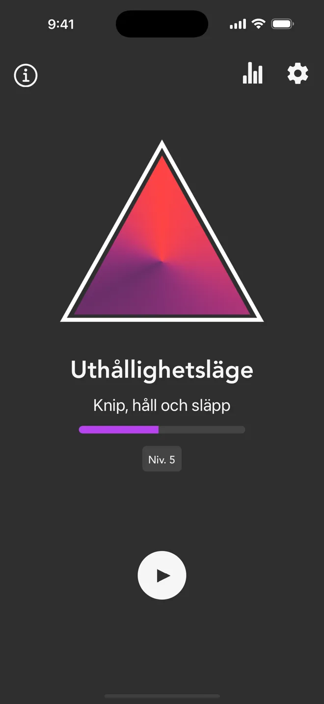 Uthållighetsläge på Rock-appens startskärm, med etiketten Knip, håll och släpp och uppspelningsknappen