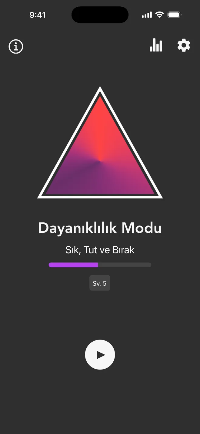 Rock uygulamasının ana ekranında Dayanıklılık Modu, Sık, Tut ve Bırak etiketi ve oynat düğmesiyle
