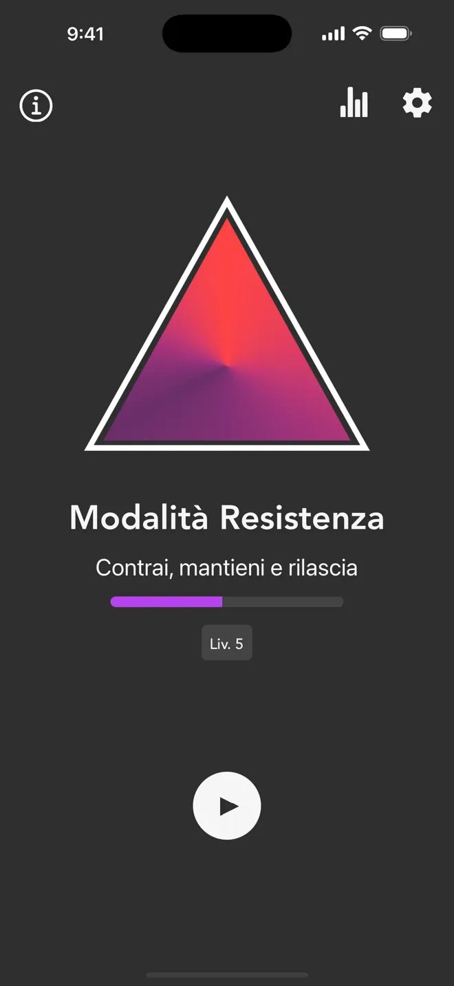 Modalità Resistenza nella schermata principale dell'app Rock, con l'etichetta Contrai, mantieni e rilascia e il pulsante play