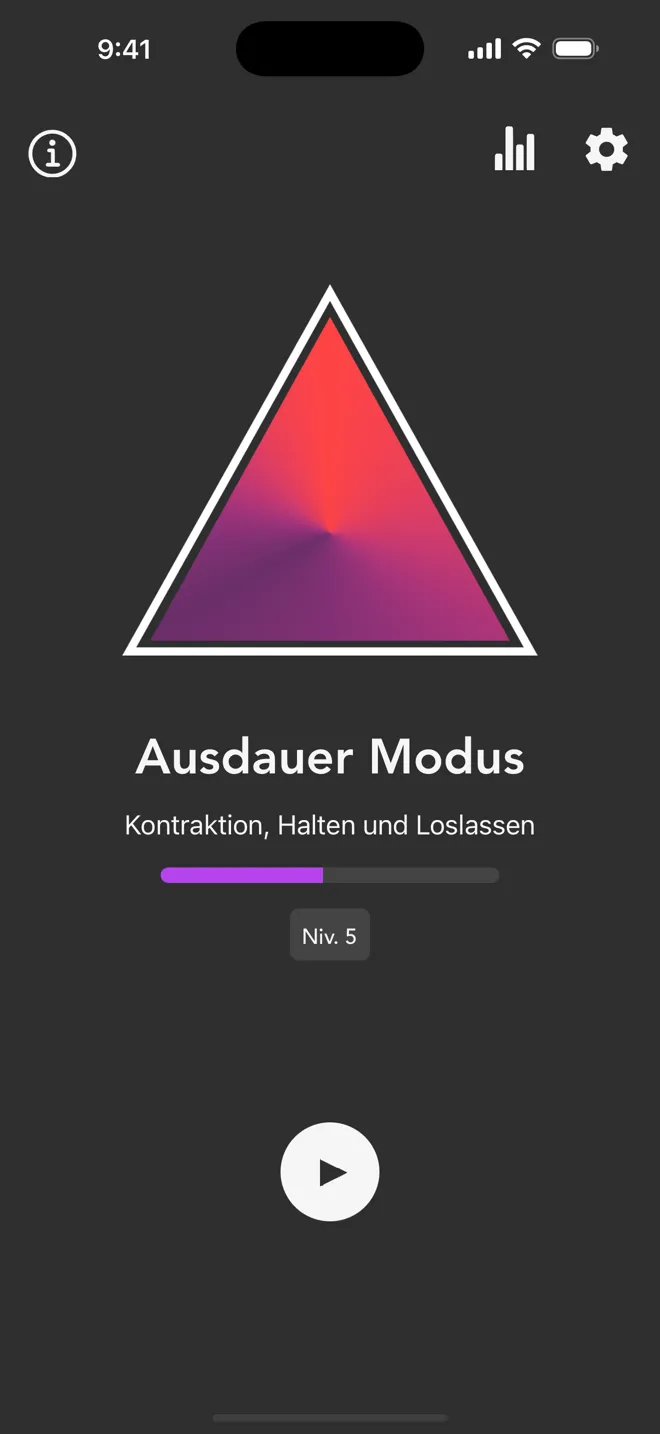 Ausdauer Modus auf dem Hauptbildschirm der Rock-App mit dem Hinweis Kontraktion, Halten und Loslassen und der Play-Taste