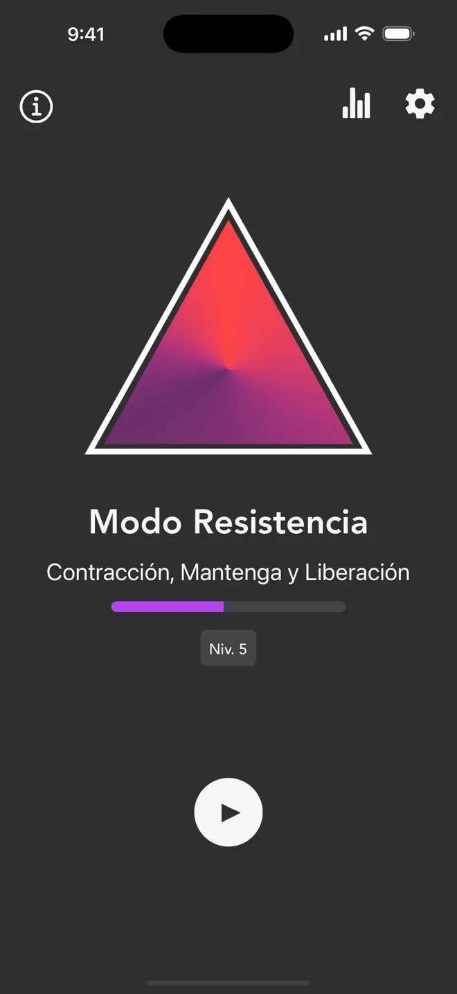 Modo Resistencia en la pantalla principal de la app Rock, con la etiqueta de contracción, mantenimiento y relajación y el botón de reproducción
