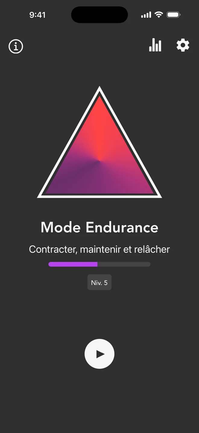 Mode Endurance sur l'écran principal de l'app Rock, avec l'étiquette « Contracter, maintenir et relâcher » et le bouton lecture