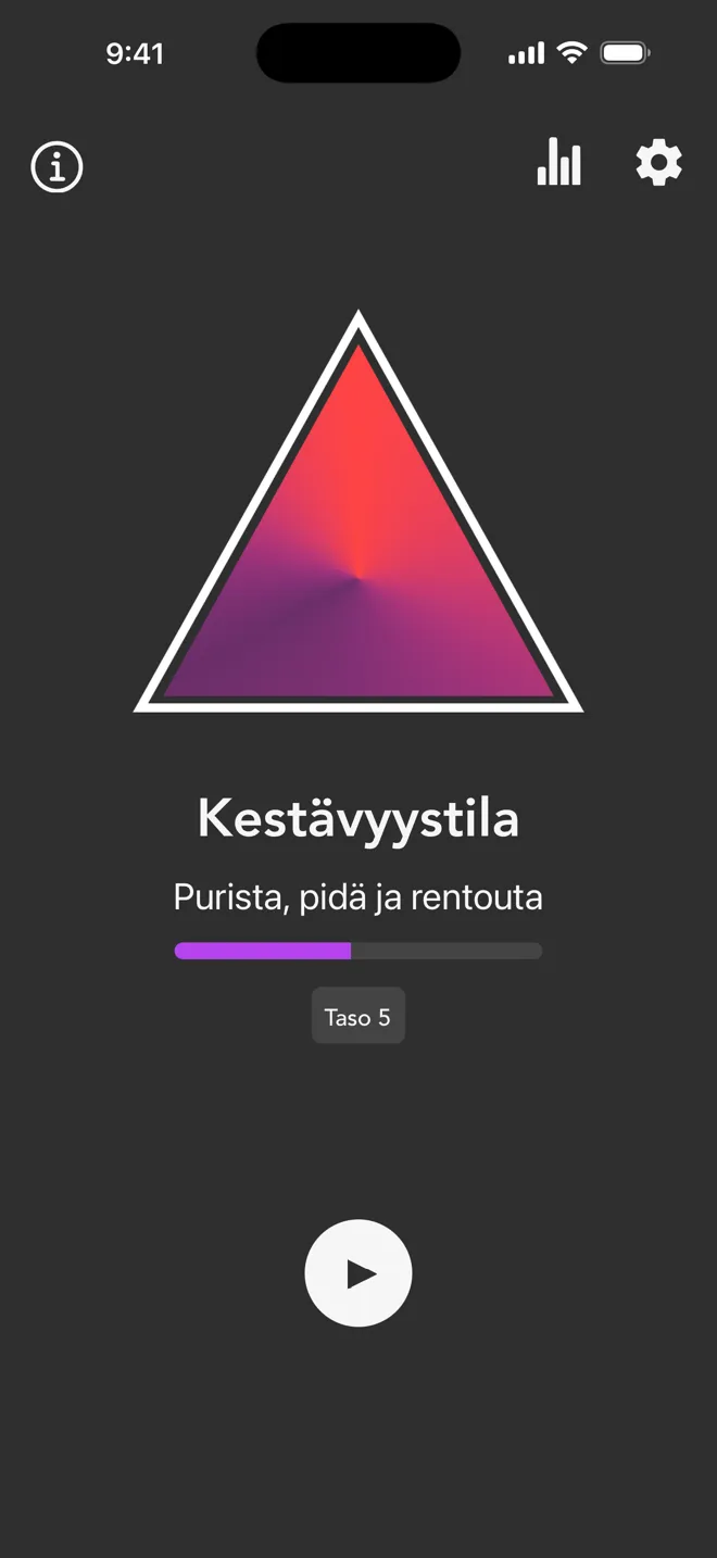 Kestävyystila Rock-sovelluksen päänäkymässä, jossa näkyvät merkintä Purista, pidä ja rentouta sekä toistopainike