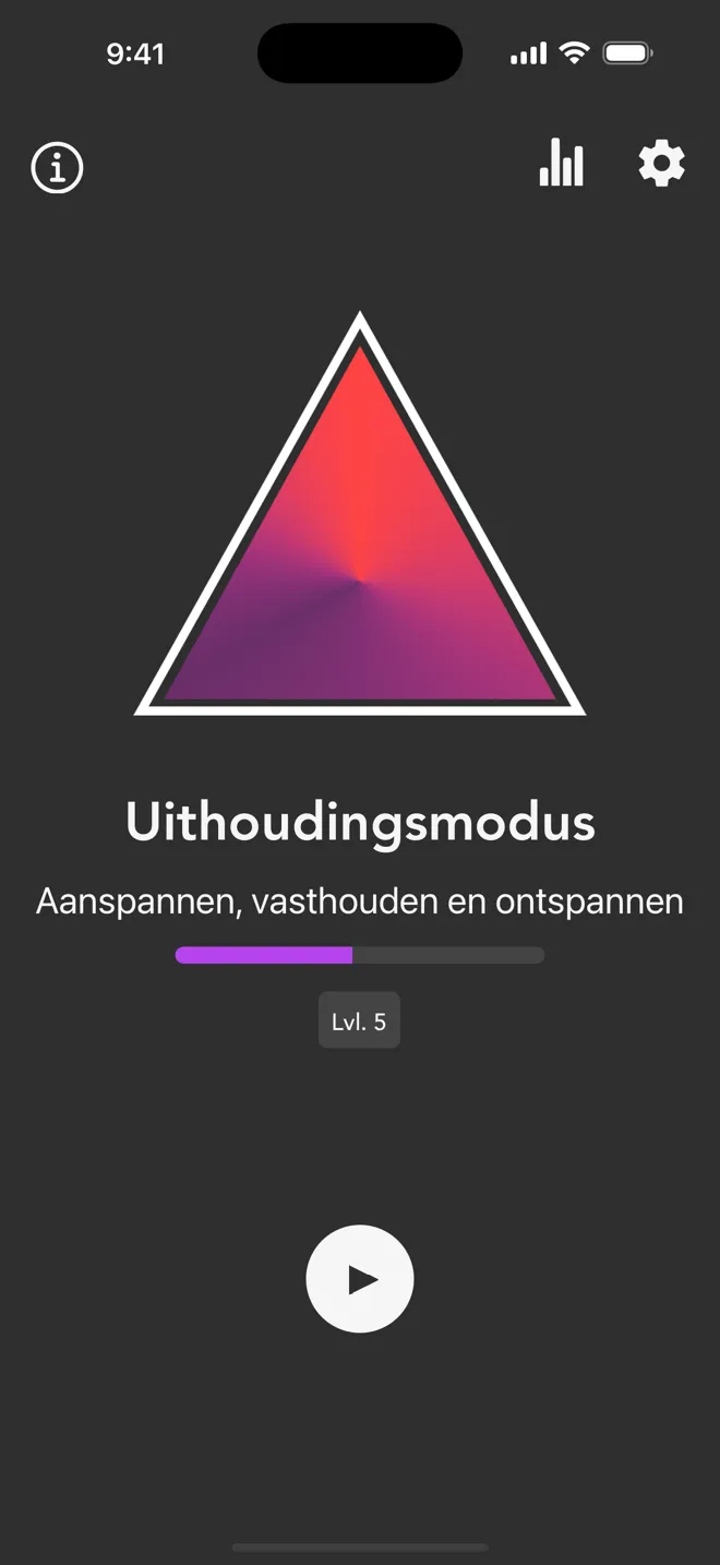 Uithoudingsmodus op het hoofdscherm van de Rock-app, met het label Aanspannen, vasthouden en ontspannen en de afspeelknop