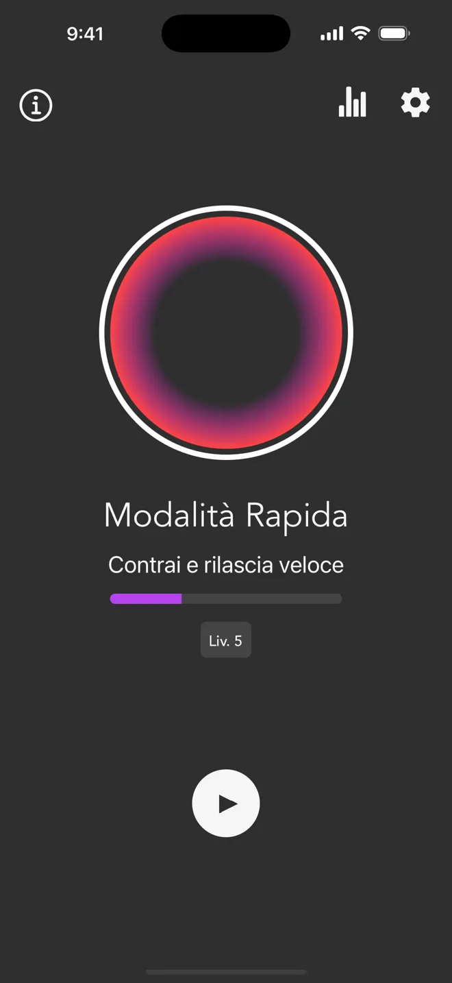 Schermata principale dell'app Rock in Modalità Rapida, con la barra del livello e il pulsante play