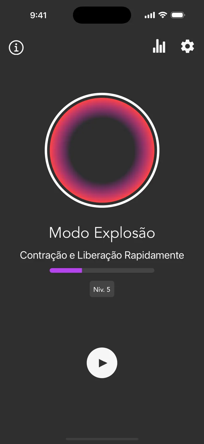 Tela principal do app Rock no Modo Explosão, com a barra de nível e o botão de reprodução