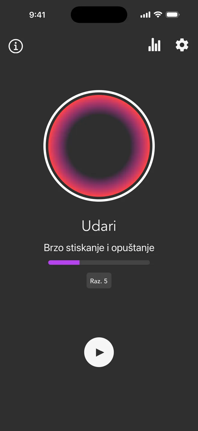 Glavni zaslon aplikacije Rock u načinu Udari, s trakom razine i gumbom za reprodukciju
