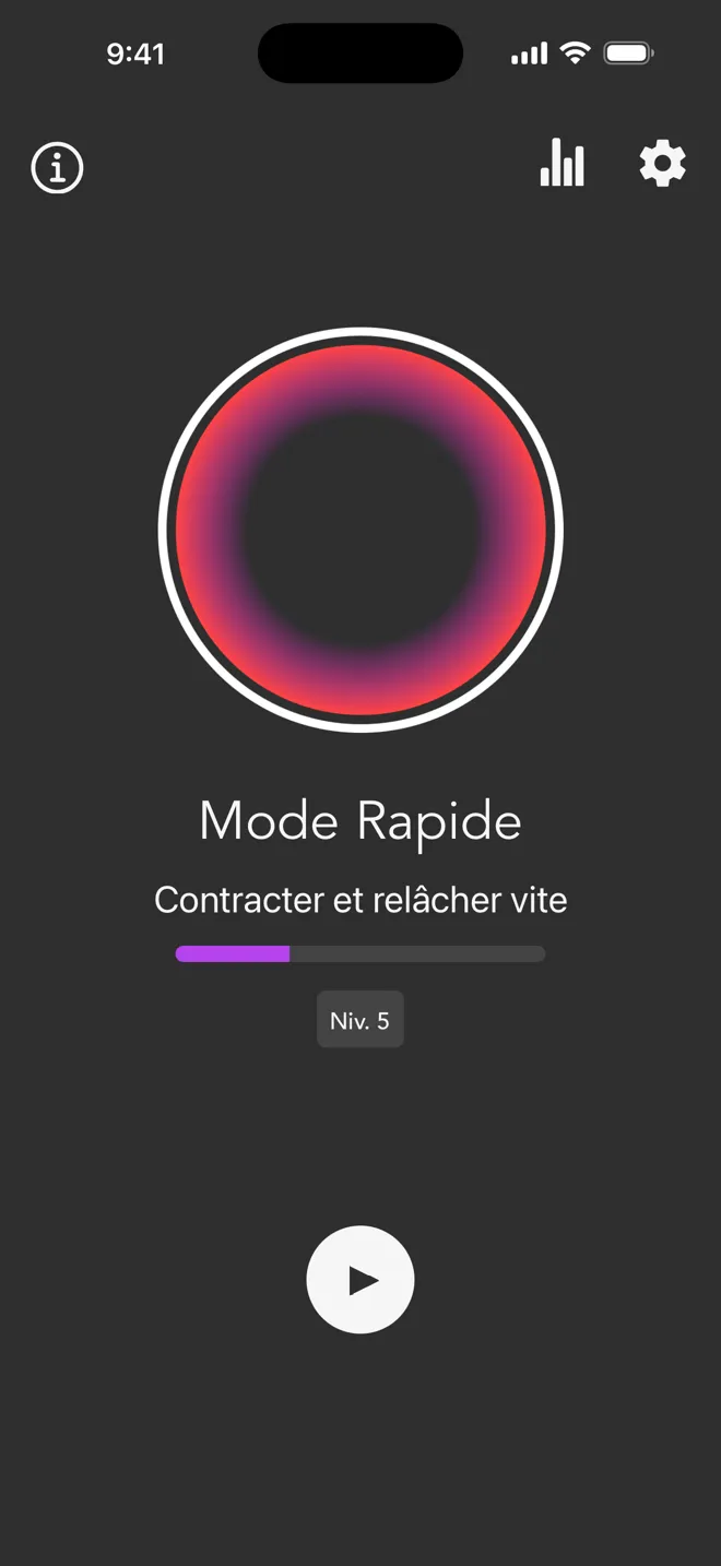 Écran principal de l'app Rock en Mode Rapide, avec la barre de niveau et le bouton lecture