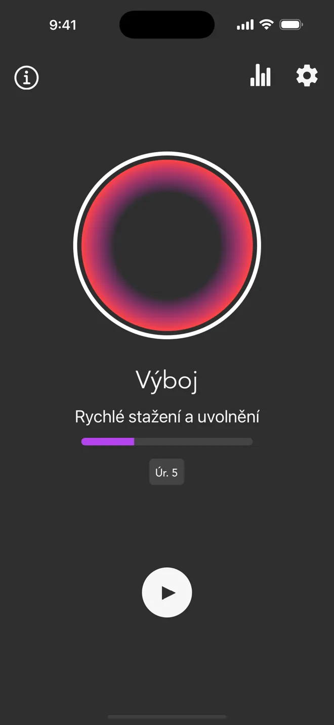 Hlavní obrazovka aplikace Rock v režimu Výboj s ukazatelem úrovně a tlačítkem přehrát
