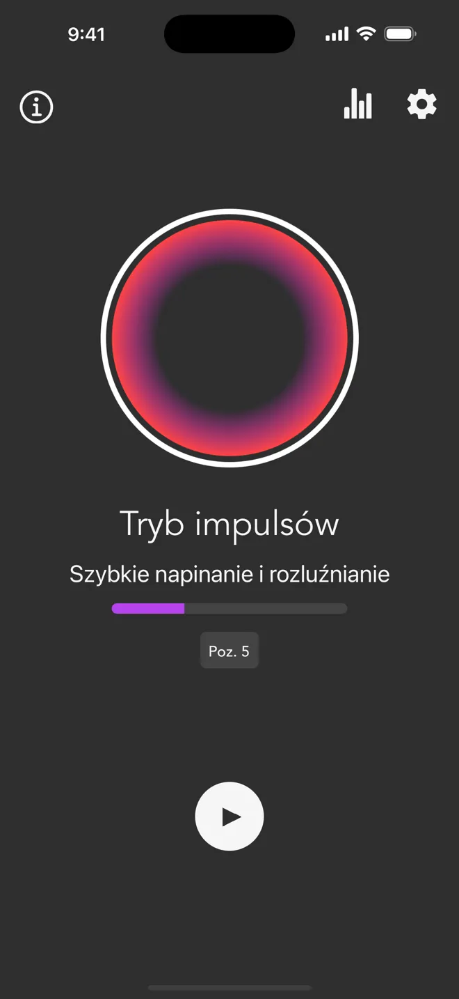 Ekran główny aplikacji Rock w trybie impulsów, z paskiem poziomu i przyciskiem odtwarzania