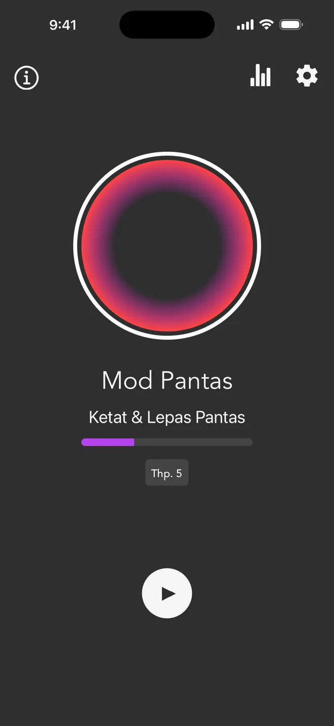Skrin utama aplikasi Rock dalam Mod Pantas, dengan bar tahap dan butang main