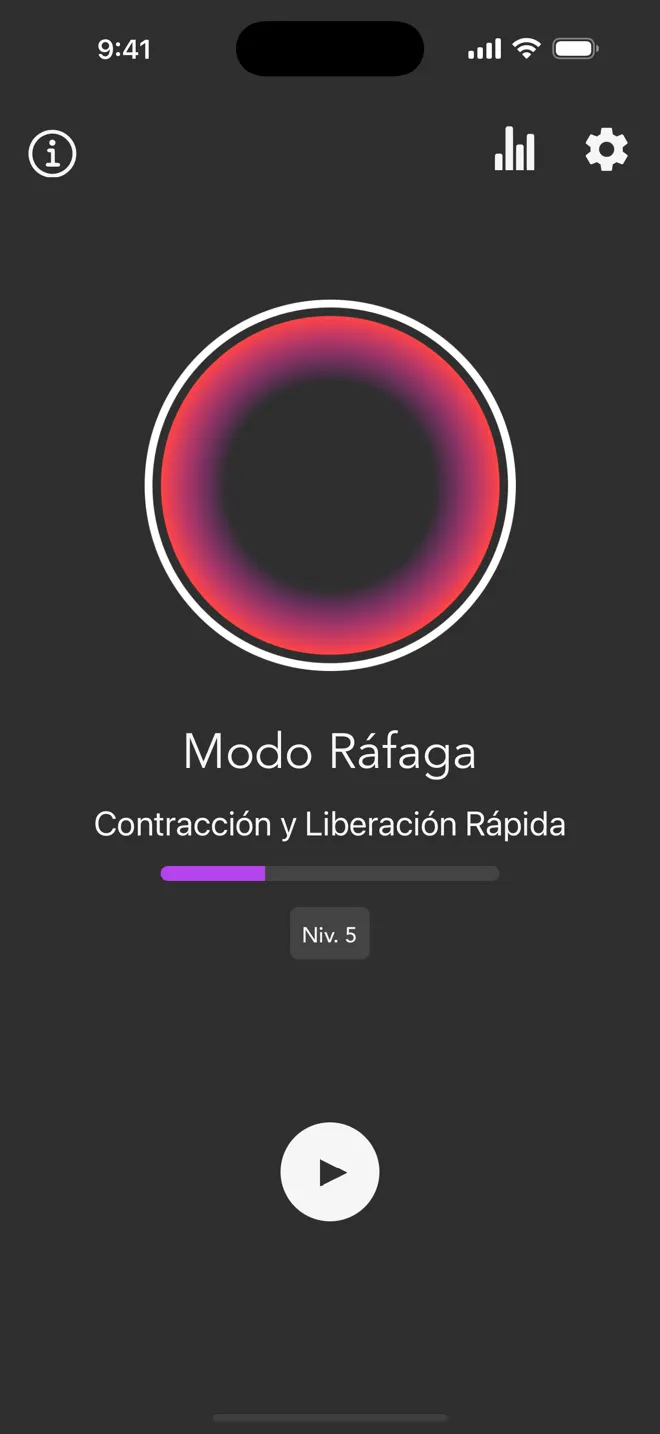 Pantalla principal de la app Rock en Modo Ráfaga, con la barra de nivel y el botón de reproducción