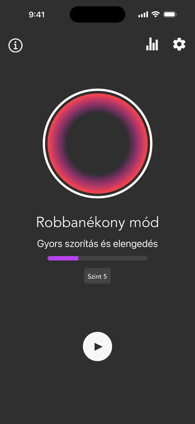 A Rock app főképernyője Robbanékony módban, a szintsávval és a lejátszás gombbal