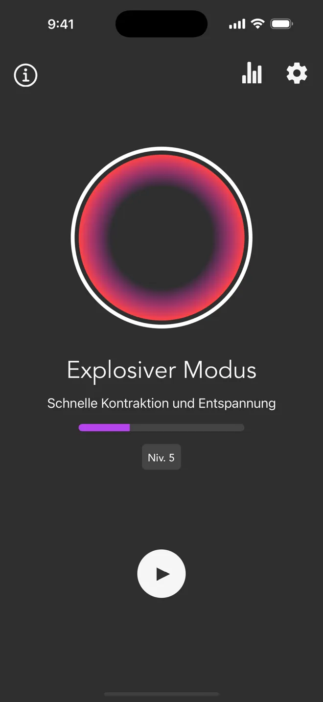 Hauptbildschirm der Rock-App im Explosiven Modus mit Stufenbalken und Play-Taste