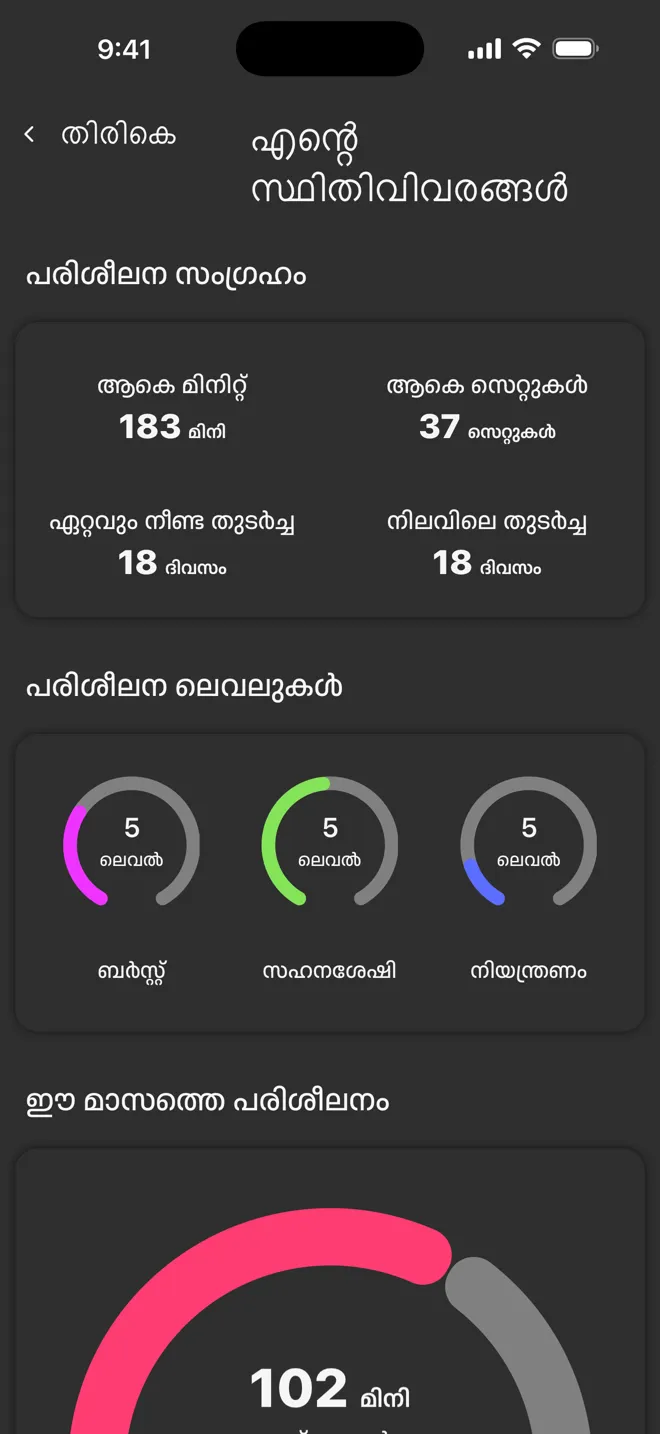 Rock ആപ്പിലെ "എന്റെ സ്ഥിതിവിവരങ്ങൾ" സ്ക്രീൻ, ആകെ മിനിറ്റ്, ആകെ സെറ്റുകൾ, തുടർച്ചകൾ, പരിശീലന ലെവലുകൾ എന്നിവ സഹിതം