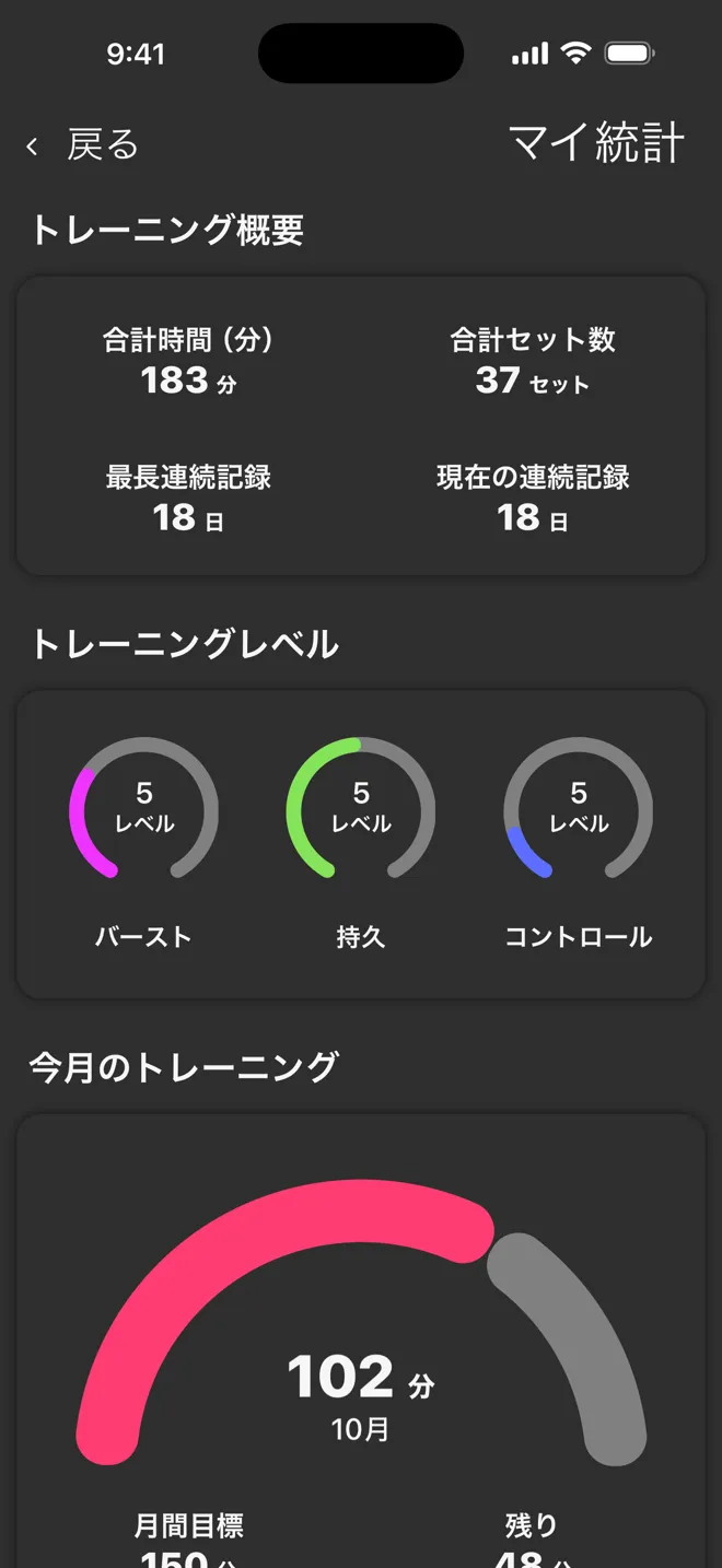 Rockアプリのマイ統計画面。合計時間、合計セット数、連続記録、トレーニングレベルが表示されています