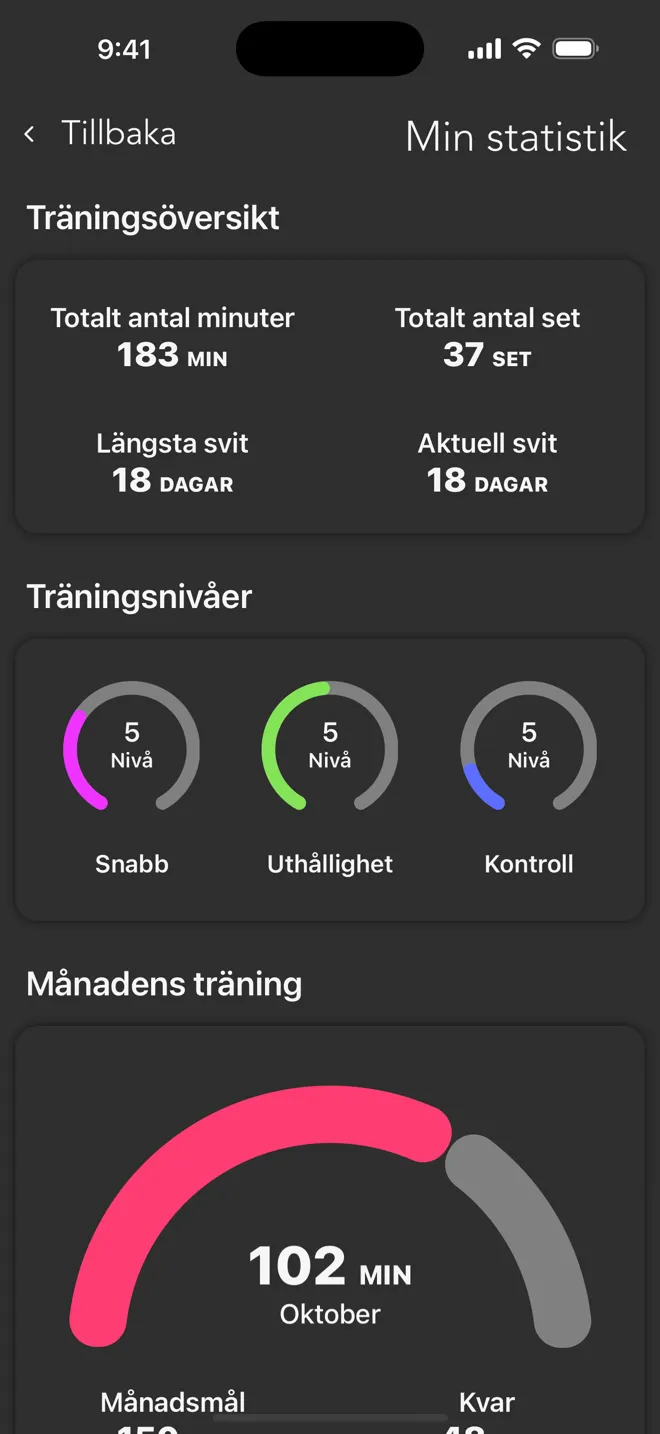 Skärmen Min statistik i Rock-appen med totalt antal minuter, totalt antal set, sviter och träningsnivåer