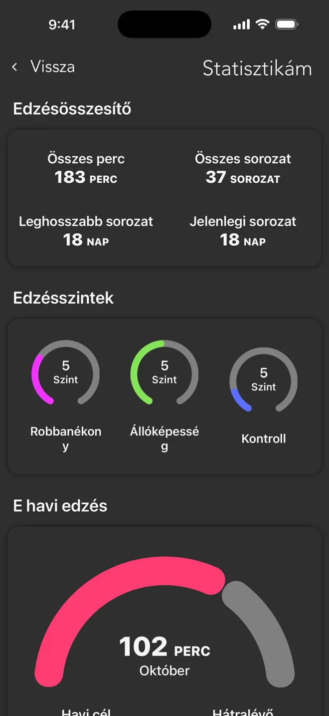A Statisztikám képernyő a Rock appban az összes perccel, összes sorozattal, edzésnap-sorozatokkal és edzésszintekkel