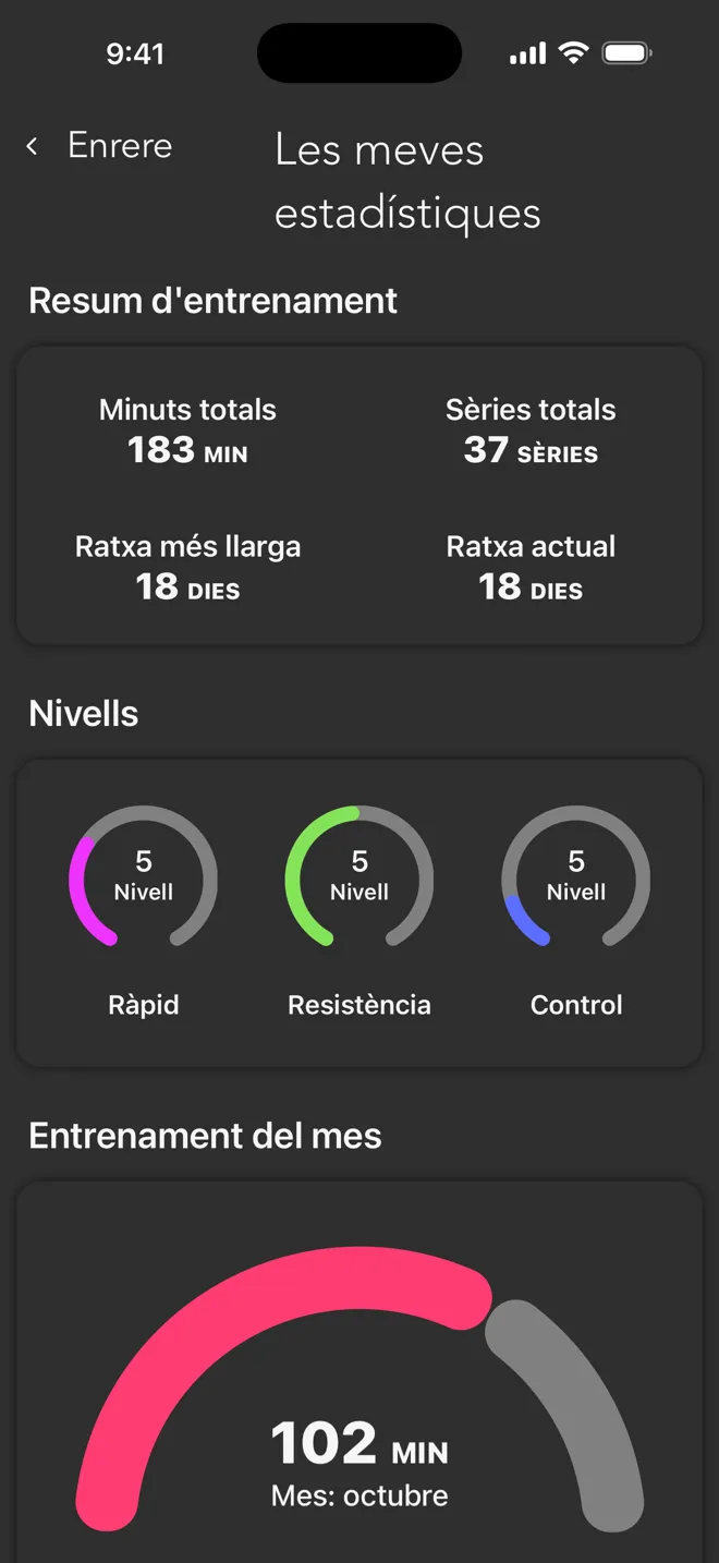 Pantalla Les meves estadístiques de l'app Rock amb els minuts totals, les sèries totals, les ratxes i els nivells