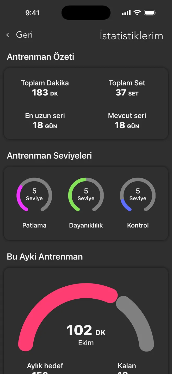 Rock uygulamasında toplam dakika, toplam set, seriler ve antrenman seviyelerini gösteren İstatistiklerim ekranı