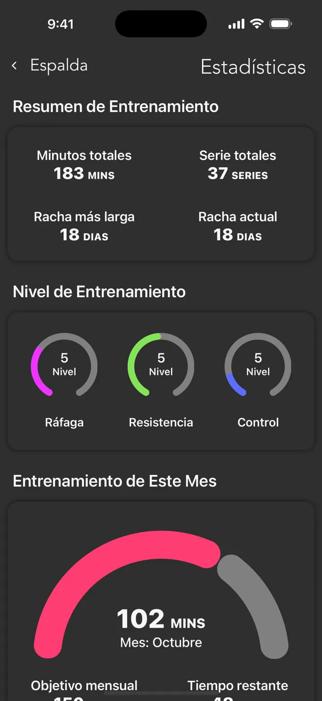 Pantalla Estadísticas de la app Rock con los minutos totales, las series totales, las rachas y los niveles de entrenamiento