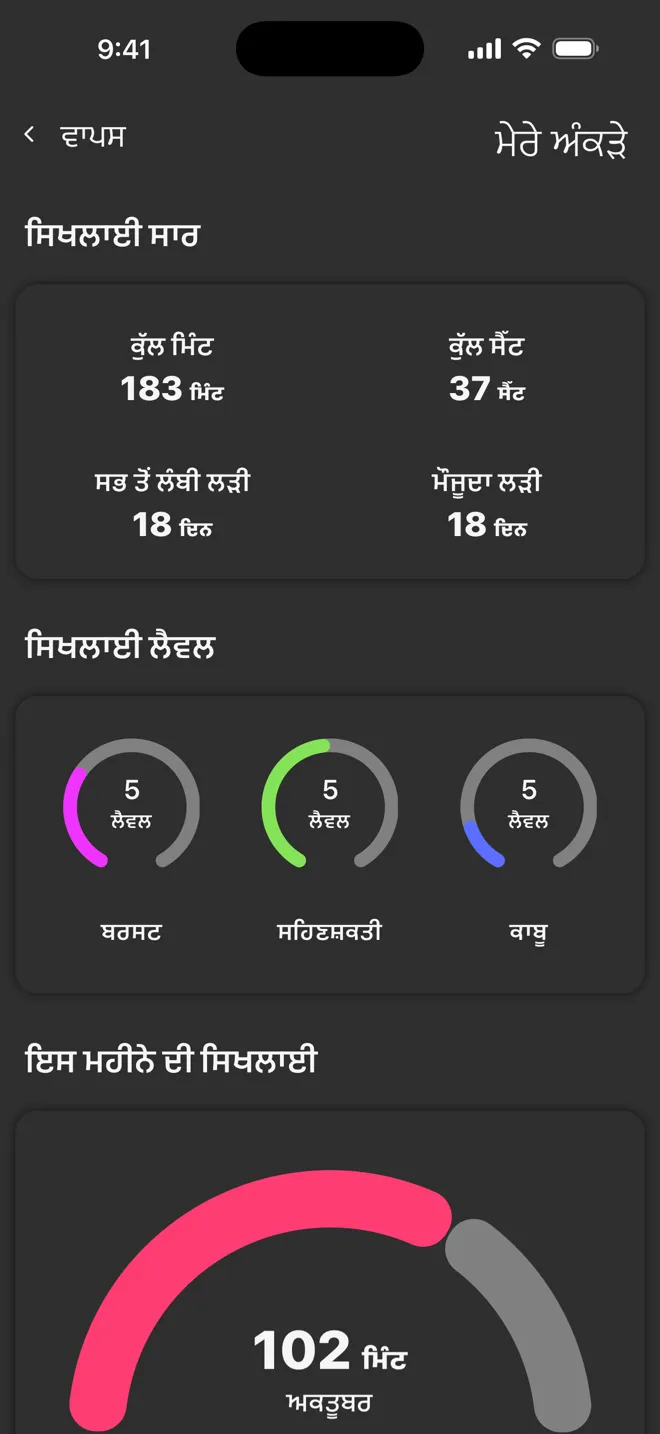 Rock ਐਪ ਵਿੱਚ ਮੇਰੇ ਅੰਕੜੇ ਸਕ੍ਰੀਨ, ਕੁੱਲ ਮਿੰਟ, ਕੁੱਲ ਸੈੱਟ, ਲੜੀਆਂ ਅਤੇ ਸਿਖਲਾਈ ਲੈਵਲ ਨਾਲ