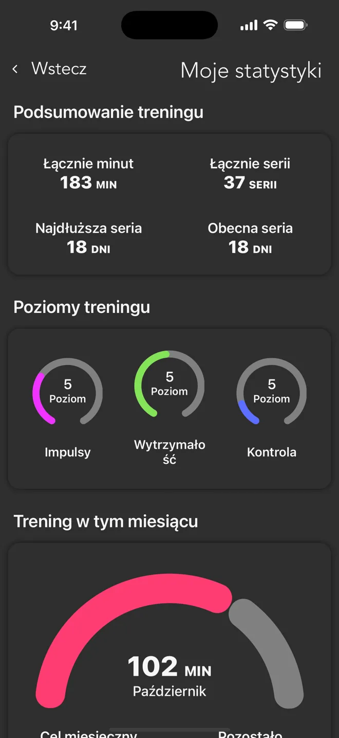 Ekran Moje statystyki w aplikacji Rock z łączną liczbą minut i serii, seriami dni oraz poziomami treningu